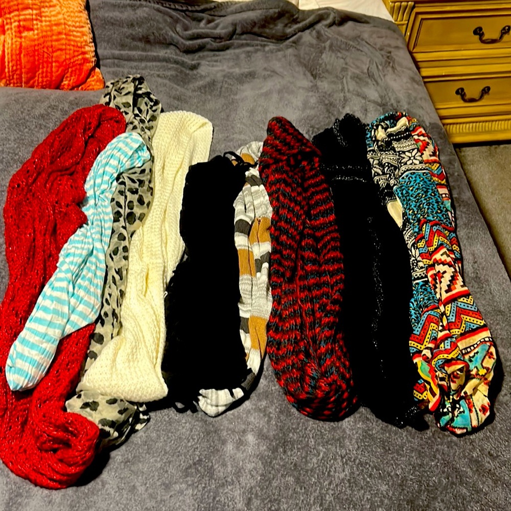 9 Infinity scarves, different colors, different materials, different textures